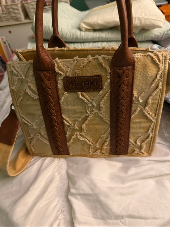 Wrangler Handbags - Wrangler Beige Canvas Tote with Brown Trim and Braided Handles